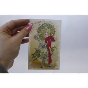Greetings, Girl with Christmas Wreath, Funny, Rare Postcard, Unused, Color